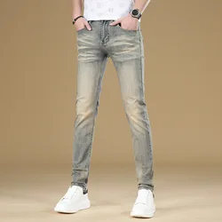 Retro Jeans Men's Simple Fashion Brand Slim Fit Skinny High-End Casual All-Match Stretch Worn Looking Washed-out Pants