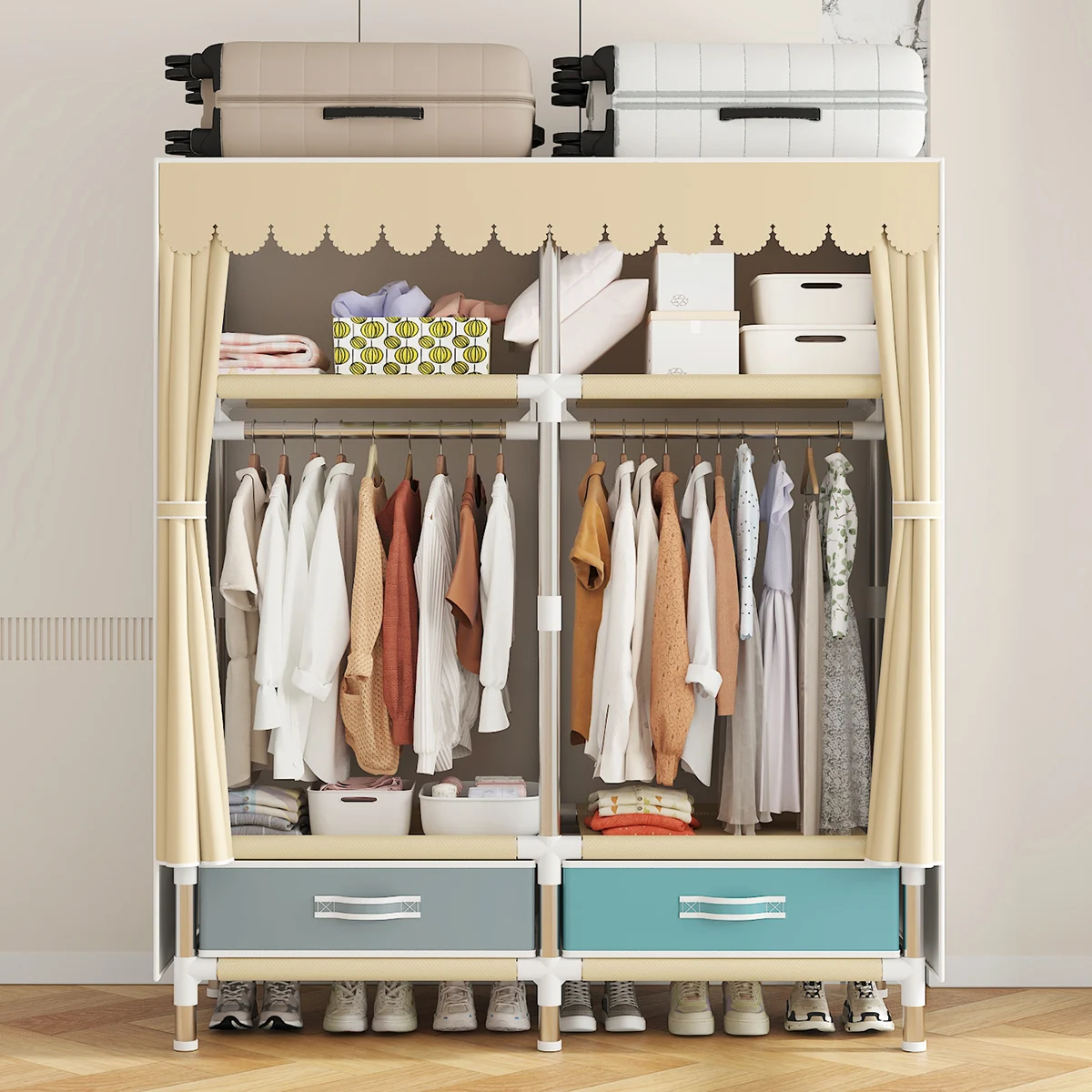 Cloth Wardrobe Clothes Storage Wardrobe with Dustproof Cover Large Storage Closet with Steel Frame Durable Rack 1Pc fabric wardrobe