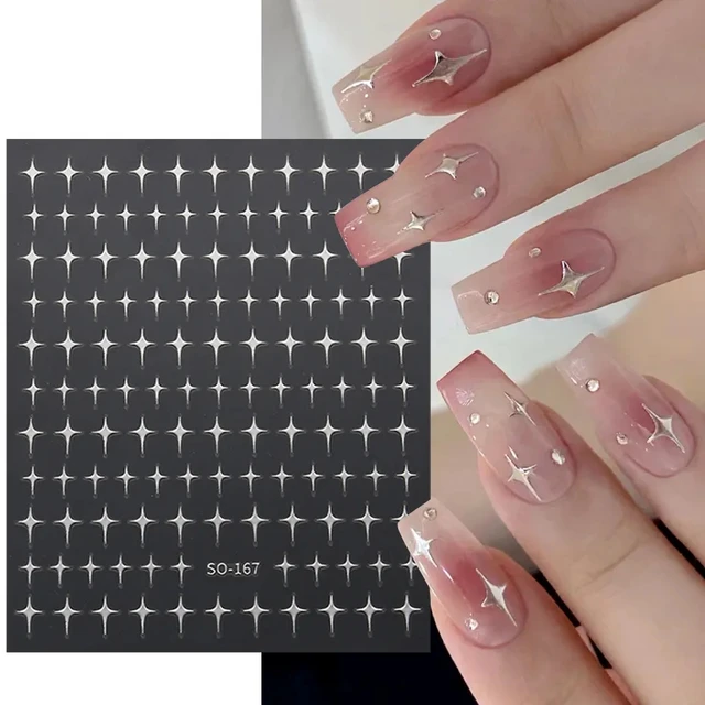 Sliver Stars Nails Stickers 3d Bronzing Laser White Cross Starlight  Glossychic Y2k Stylish Adhesive Manicure Decorations So-167 High Quality