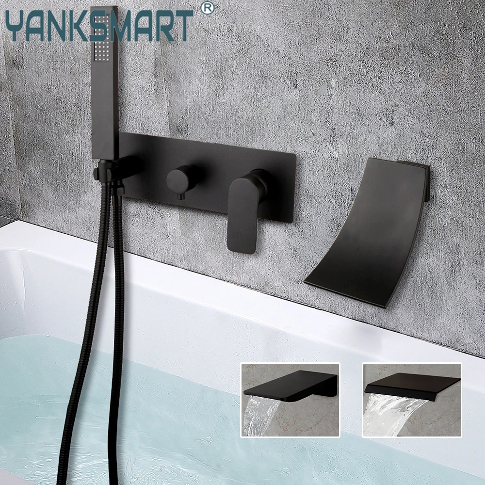 

YANKSMART Black Waterfall Bathtub Faucet Rainfall Bathroom Shower Hand Set Wall Mounted Basin Faucets Hot And Cold Water Tap Kit