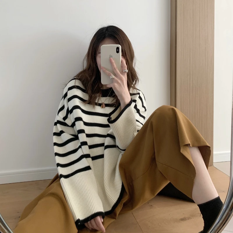 

Knitted Women's Sweater Striped 2023 Autumn New Korean Fashion Winter Clothes Women Loose Lazy Pullover Colored Split Women Tops