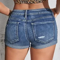 Women's Split Denim Shorts Summer Beach Wild Fashion Sexy Mid Waist Curled Cuff Perforated Elastic Slim Fit Casual Shorts - Image 2