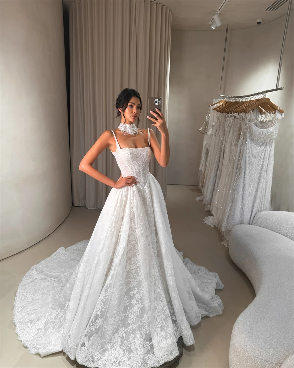 Rebecca Customized Elegant Spaghetti Strap A-Line Wedding Dress White Lace Vestido De Novia Floor-Length Vestido De Novia Boda