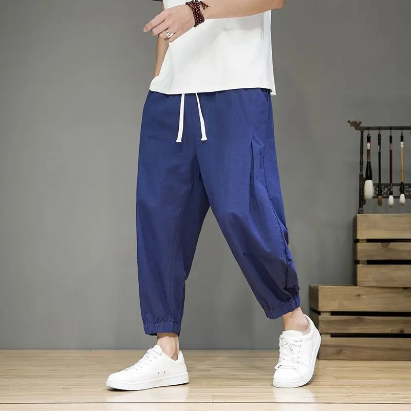 Summer Solid Color Fashion Elastic Waist Haren Pants Man High Street Casual Pockets Patchwork Drawstring Cotton Hemp Trousers