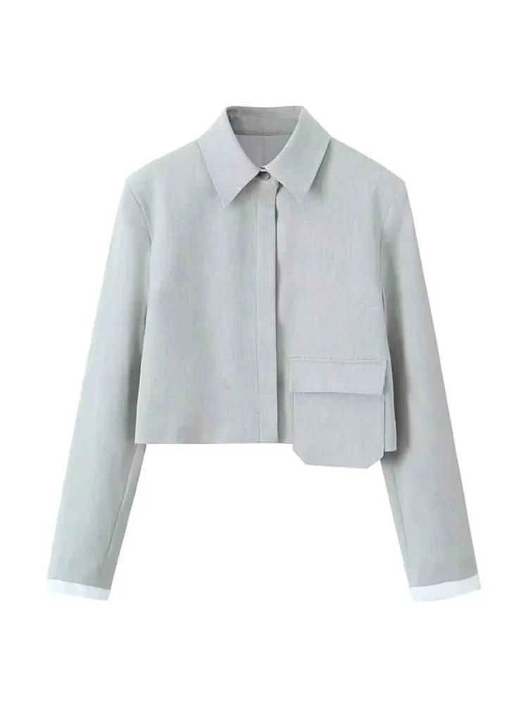 HH TRAF 2024 Spring Elegant Women's Lapel Cropped Shirt Jacket Casual Top with Patch Pockets Female Long Sleeves Short Blouses