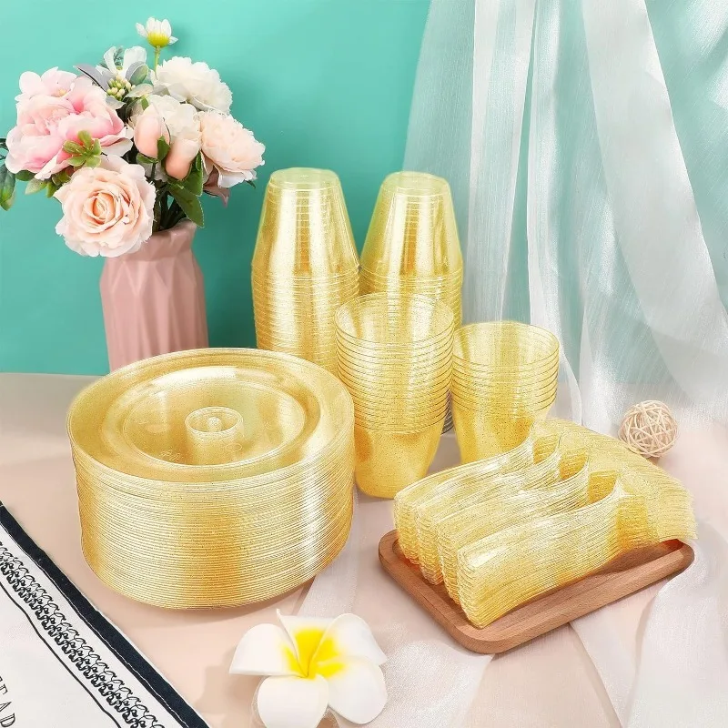 300 Pcs Plastic Dinnerware Set Disposable for Party, Glitter Plates, Cup, Dessert Forks, 100 Guest Disposable Dinnerware Set