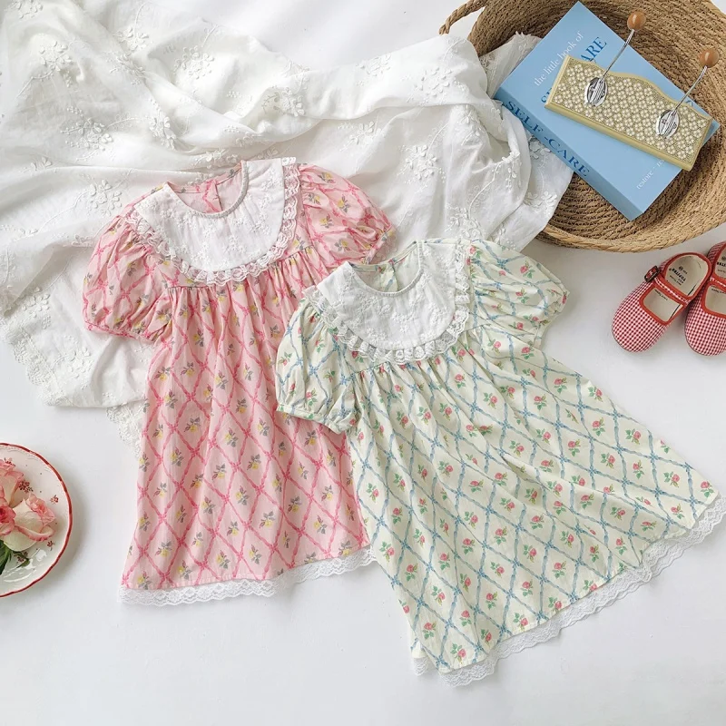 

Korean Children's Clothing Lace Peter Pan Collar Girls' Dress2024Summer Printed Sweet Princess Dress Short Sleeve Children's Ski
