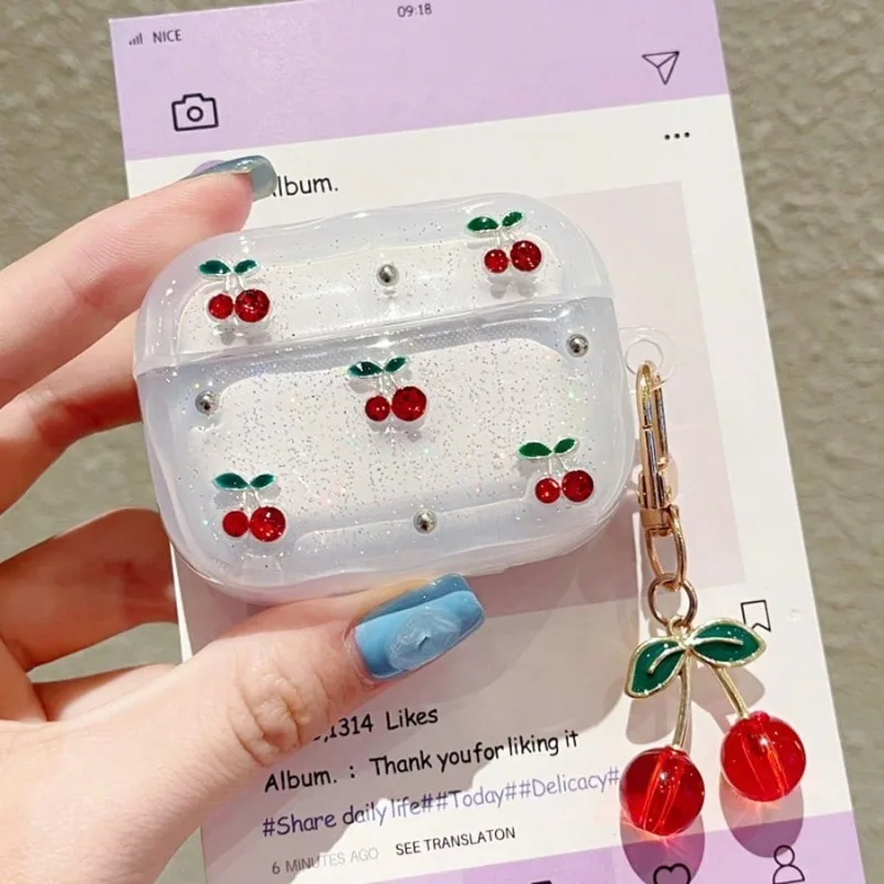 Clear Glitter Earphone Case for AirPods with Cherry Charm
