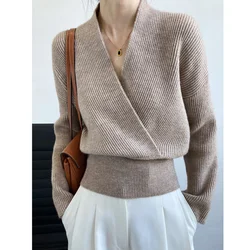 Autumn Winter Cross V-neck Wrap Short Knit Sweater Women Short High Waist Long Sleeve Solid Color Tops