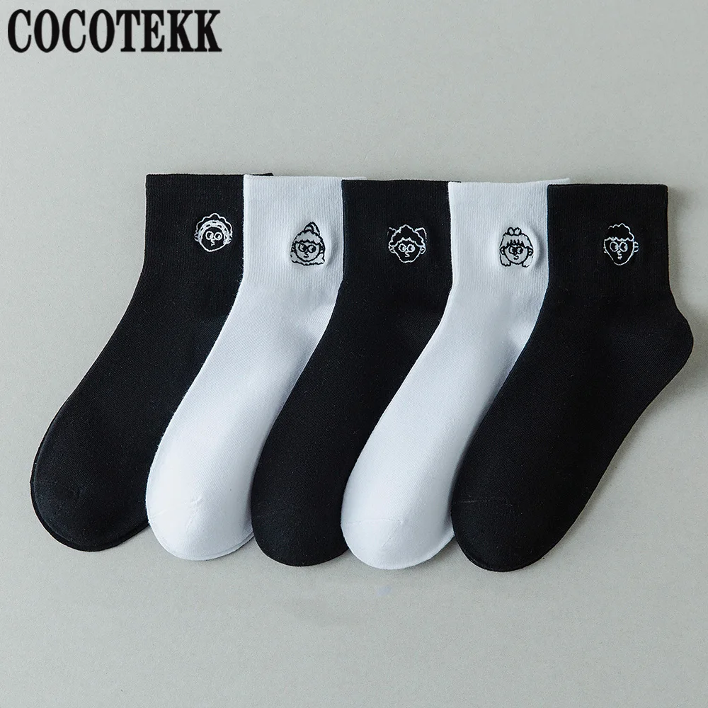 

New Fashion Double Needles Combed Cotton Women Socks Embroidered Girl Pattern Stretch Casual Daily Basic Brand Socks Trend Style