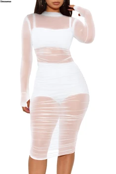 Women Mesh See Through 3 Piece Set Bodycon Ruched Cover Up Midi Dress+Camis+Shorts 3 Pieces Suits Sexy Night Club Party Outfits 2