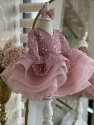 Luxurious Light Pink Baby Girls Dresses Tulle Tiered Infant Girls Birthday Party Gown Christmas New Year Dress Gift 1-11Years