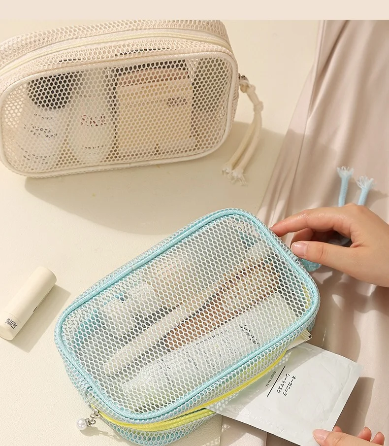 Lässige Nylon-Kosmetiktasche mit Reißverschluss, Netz-Make-up-Taschen, Mehrzweck-Netz-Toilettentaschen für Damen – Detail 9
