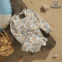EWODOS 1-4 Years Toddler Baby Kids Girls Summer Sweet Swimsuits Floral Print Long Sleeve Ruffles Swimwear Beachwear Bathing Suit 1