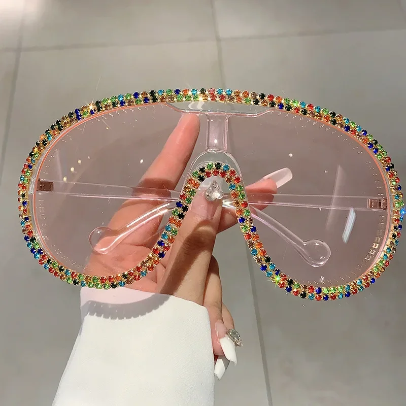 

Oversized Pilot Sunglasses Women For Female Luxury Brand Designer Sun Glasses Vintage Big Frame One Piece Diamond Crystal Shades