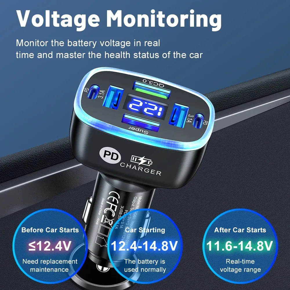 150W USB Car Charger Type C Mobile Phone Charger Fast Charging For iPhone 15 16 Pro Max Xiaomi Samsung USB C Car Charger Adapter