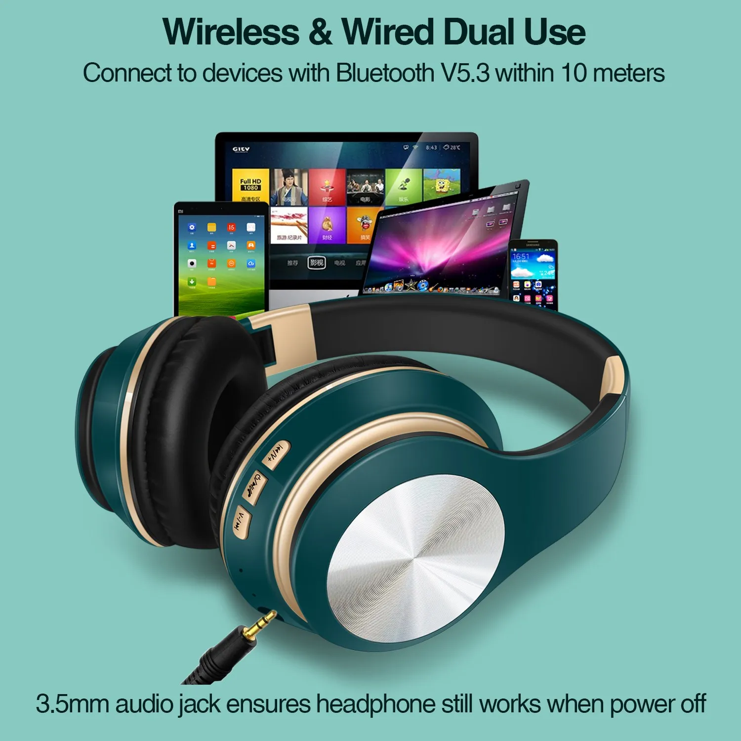 Cuffie Bluetooth senza fili con cancellazione del rumore, auricolari pieghevoli per lo sport, cuffie da gioco con microfono e audio stereo HI-FI - immagine 2