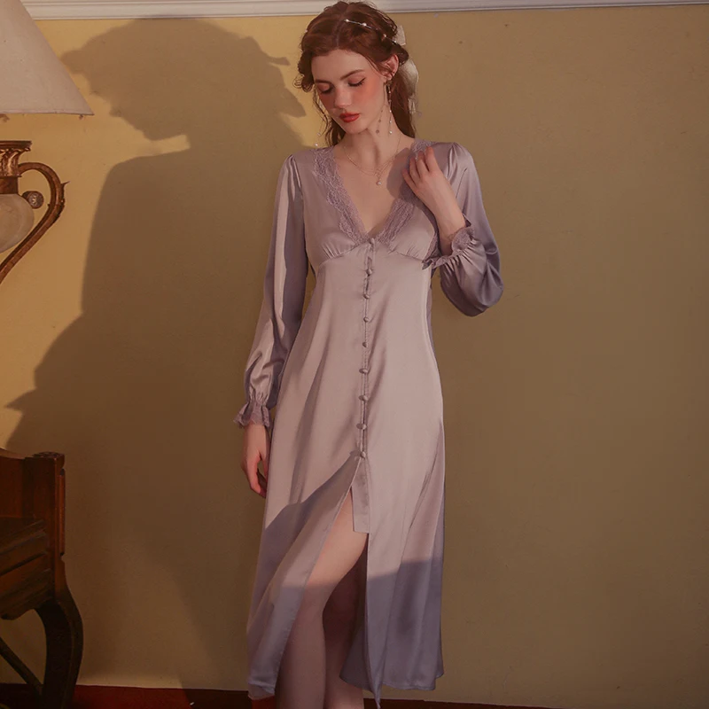 

Underwear Nightgown Solid Color Long Pajamas Comfortable Sweet Lace Long Sleeve Women Homewear Lingerie Casual V-Neck Nightdress