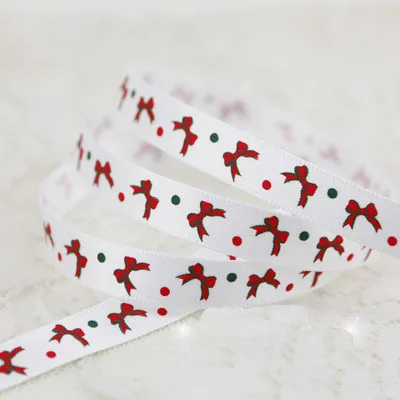 Satin Ribbons 2 Meters 3/8'' (10mm) White Red Green Satin Ribbons Santa Claus Snow Printed Christmas Decoration Wedding Gift Wrapping
