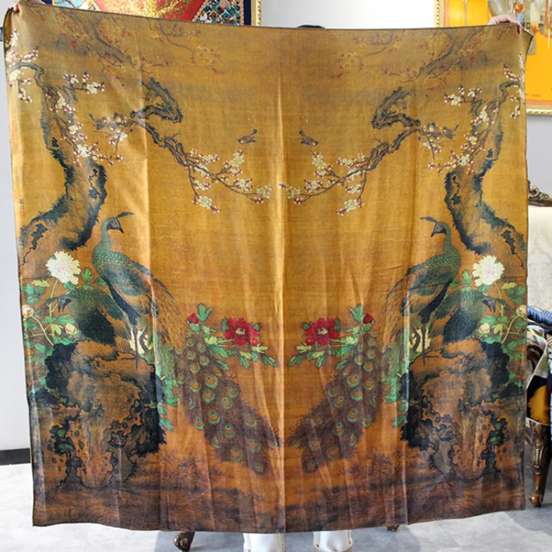 

High-end Elegant Women's Exquisite Peacock Double - Sided Printing Quality Silk Wool Hand-rolled Edge Large Square Scarf Shawls