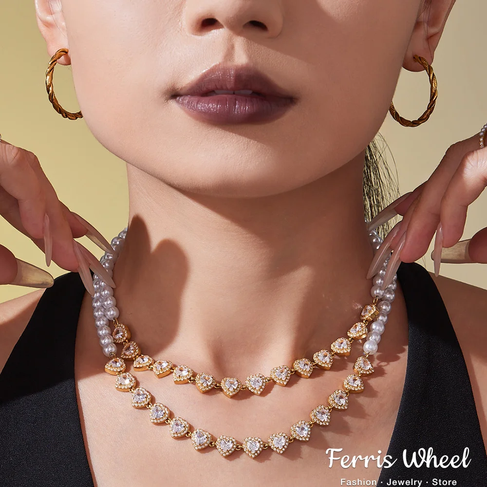 Weiße Imitationsperle Perlenkette Halskette Damen Edelstahl vergoldet glänzender Zirkon Herz Halskette Halsband Luxusschmuck