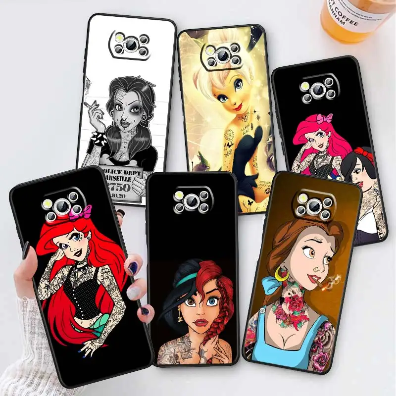 

Disney Gril Princess Tattoo Phone Case For Xiaomi Mi Poco X5 X4 X3 NFC F5 F4 F3 GT M5 M5s M4 M3 Pro 5G Black Soft TPU Capa