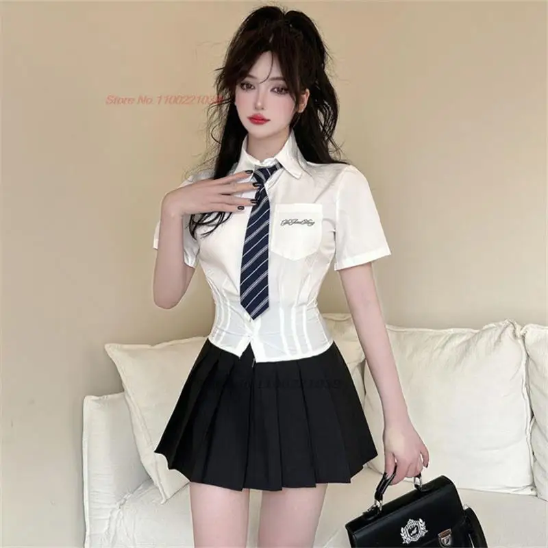 

2024 jk uniform sexy hot girl slim waist short-sleeve shirt female japanese college style student white shirt pleated skirt set