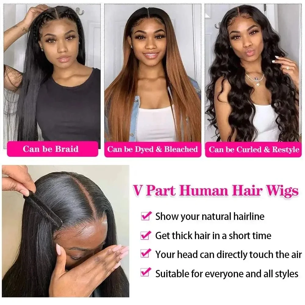 250 Density Straight Hair V part Wig 16-34Inches Upgrade Brazilian Glueless Wigs For Women 100% Human Hair Head Clip In Half Wig 5