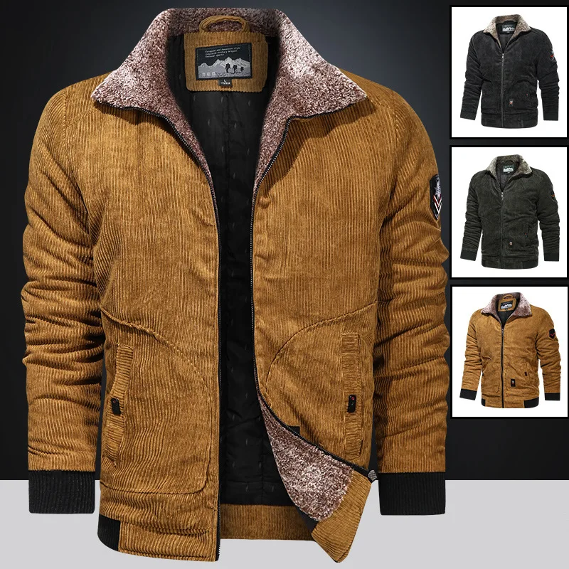Men's Corduroy Thick Cargo Jacket High Quality Fleece Lined Jacket Autumn Winter Vintage Coats Fleece Windbreaker Parkas Warm