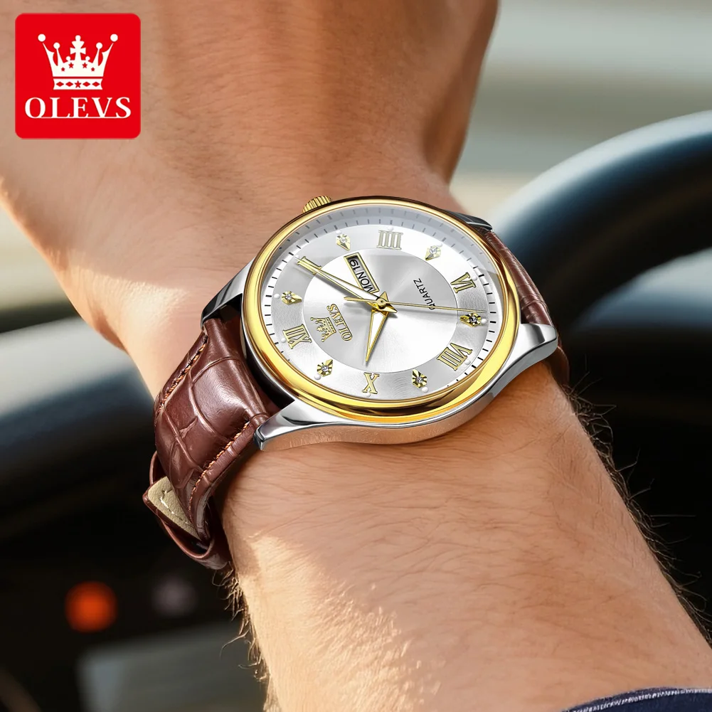 100% الأصلي OLEVS 3649 ساعة كوارتز للرجل حزام جلدي...