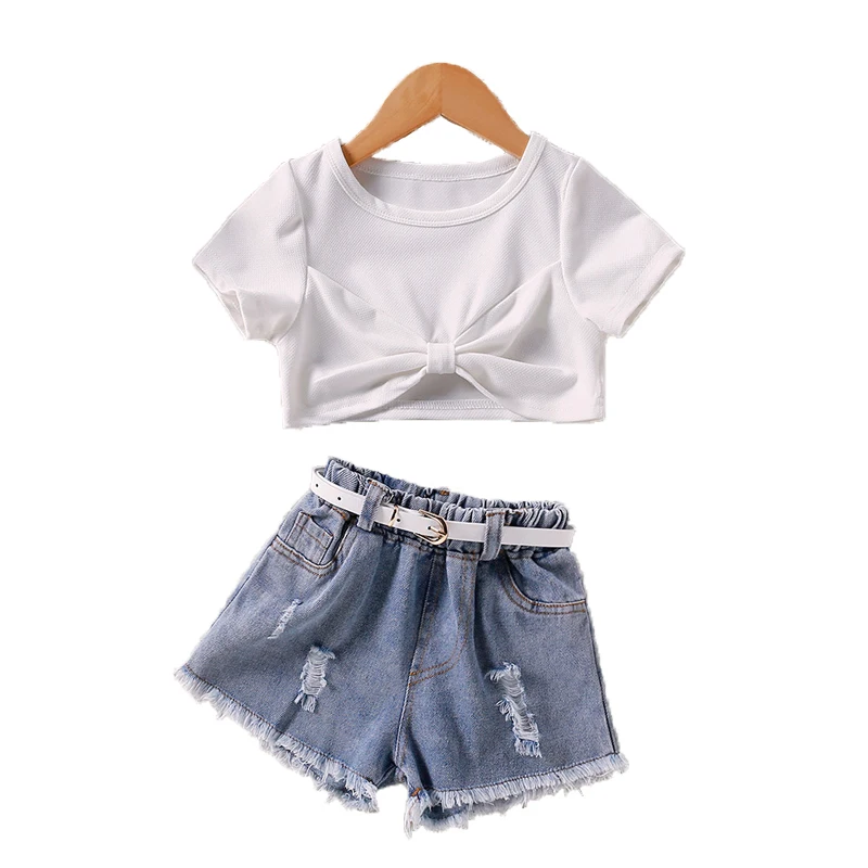 Children's Summer New Suits Short Solid Color Pullover T-Shirt + Denim Shorts Girls Fashion Casual Two-Piece Suit 2-6 Years Old |