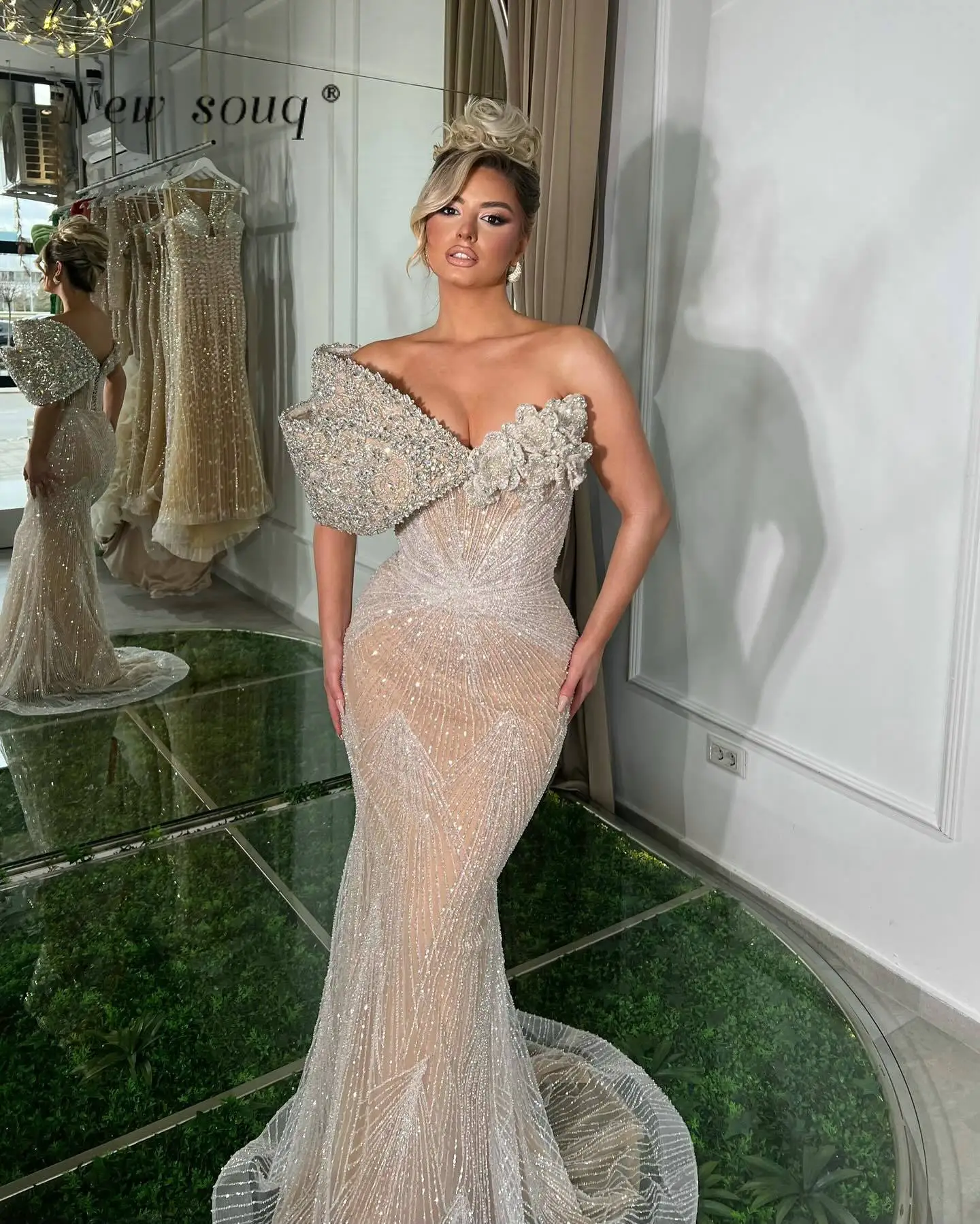 

Sparkling Nude Champagne One Shoulder Mermaid Party Dresses 2024 Arabic Sleeveless Long Wedding Evening Gowns Fashion Abiye