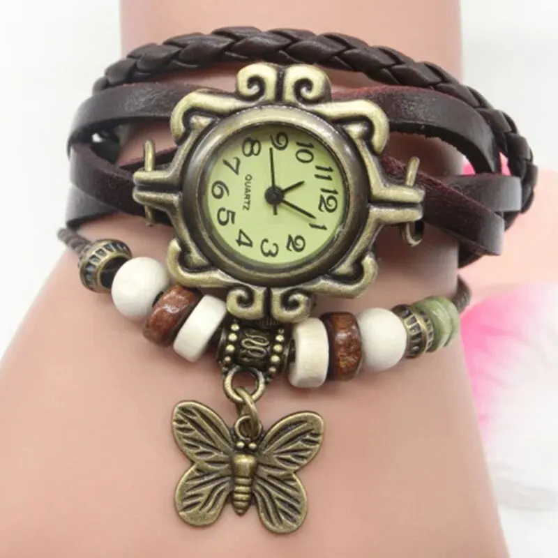 Leather Strap Butterfly Pendant Women Bracelet Watch women watches
