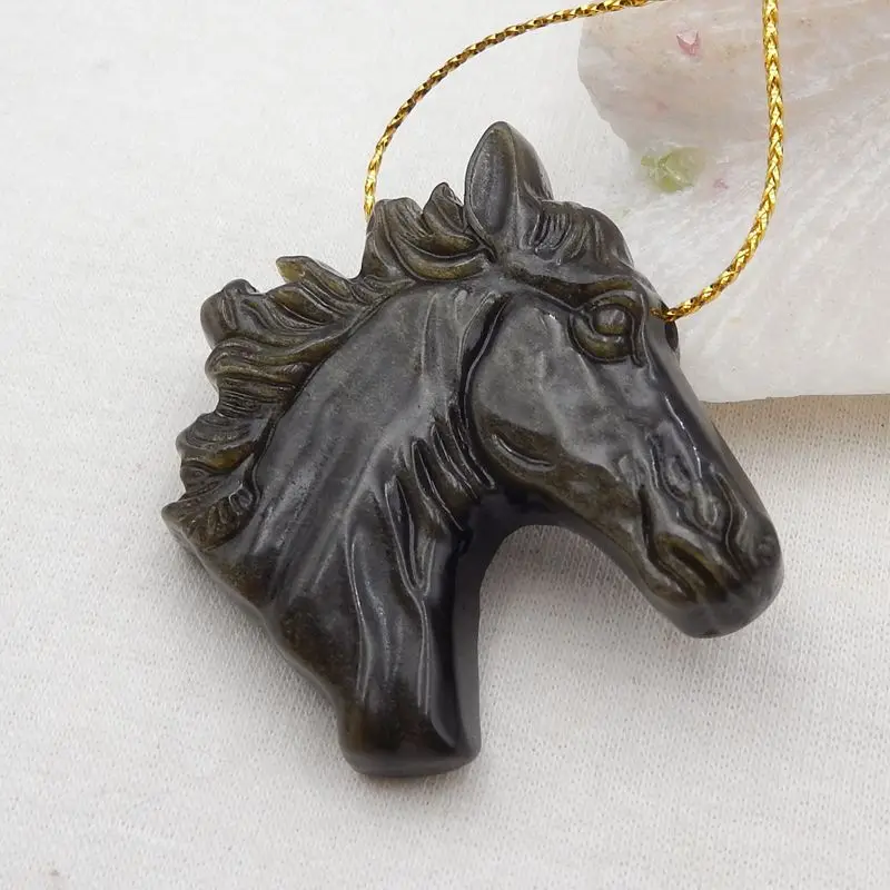 Semiprecious Natural Stones Gold Obsidian Carved Horse Head Pendant Bead 42x39x9mm 21g Fashion Jewelry Necklace Accessories