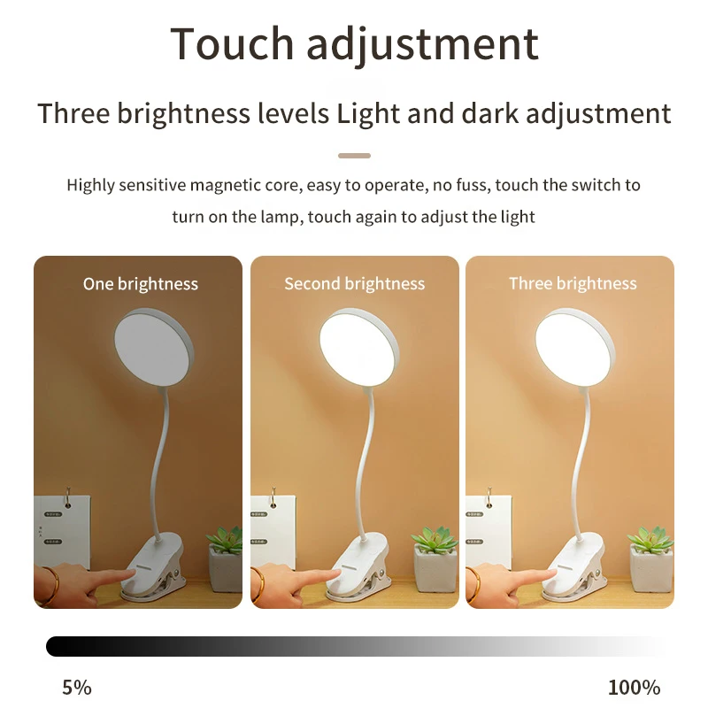 Lámpara de mesa recargable por USB con Clip, luz nocturna LED táctil con 3 modos de atenuación, protección ocular