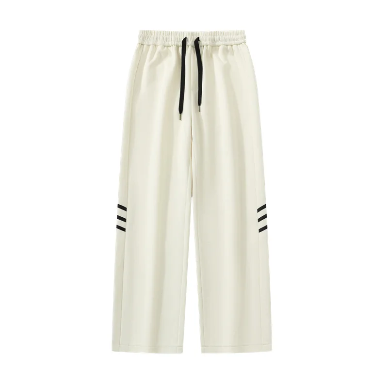 Men's Solid Spring Autumn Elastic High Waisted Pockets Striped Harlan Casual Loose Workwear Sports Trousers England Style Pants
