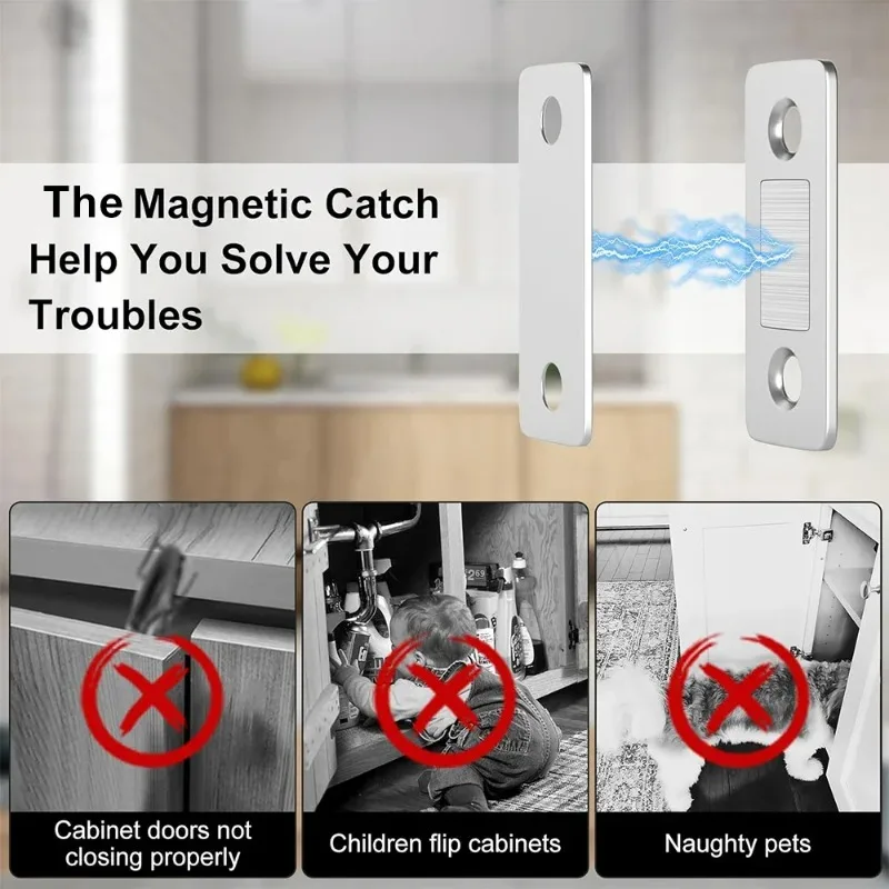 Ultra Thin Magnetic Cabinet Catches-Strong Hold Adhesive Mount No Drill Latch for Kitchen Drawer&Closet Door, Adjustable Stopper