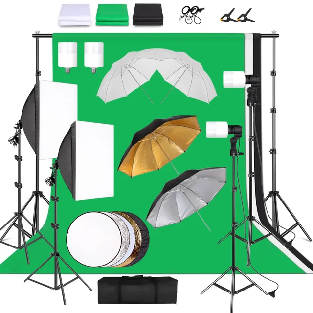 Kit Estudio Fotografía — Softbox, Fondos, Paraguas, Reflector, Soportes y Bombillas LED 1