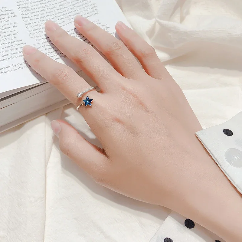 

Personality 925 Sterling Silver Zircon Rings Fine Jewelry Blue Crystal Five-pointed Star Opening Ring for Women Gifts