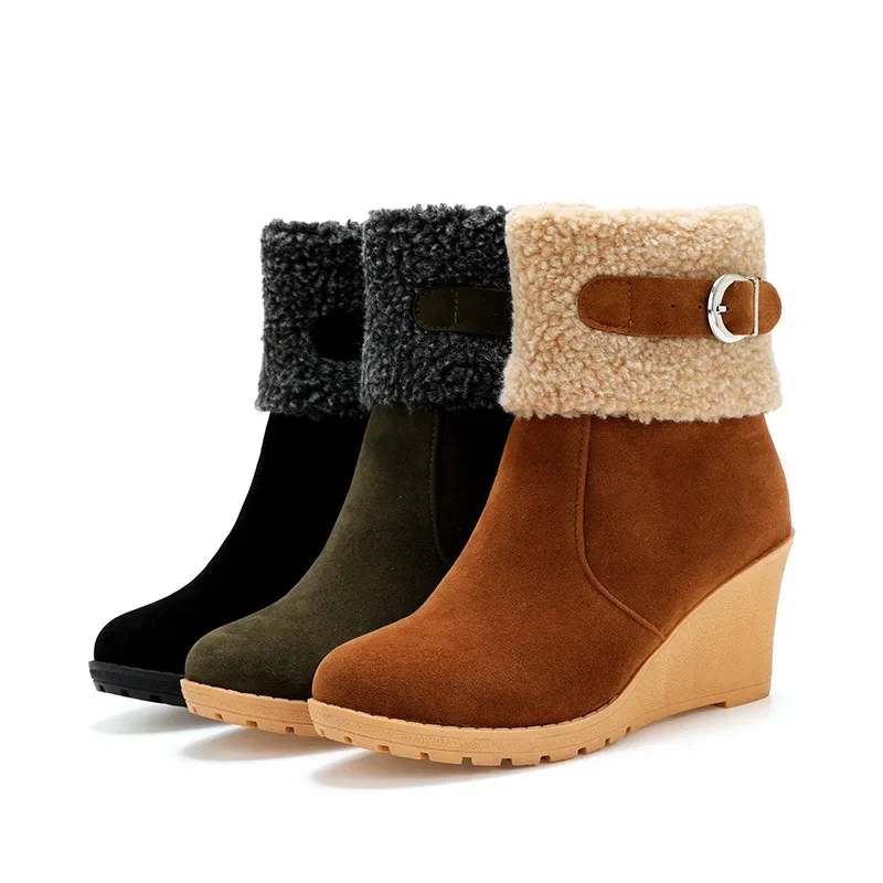 

Winter Boots Women Fur Warm Snow Boots Ladies Side Zip Wedges Flock Booties Ankle Boots Comfortable Shoes Casual Female Boots