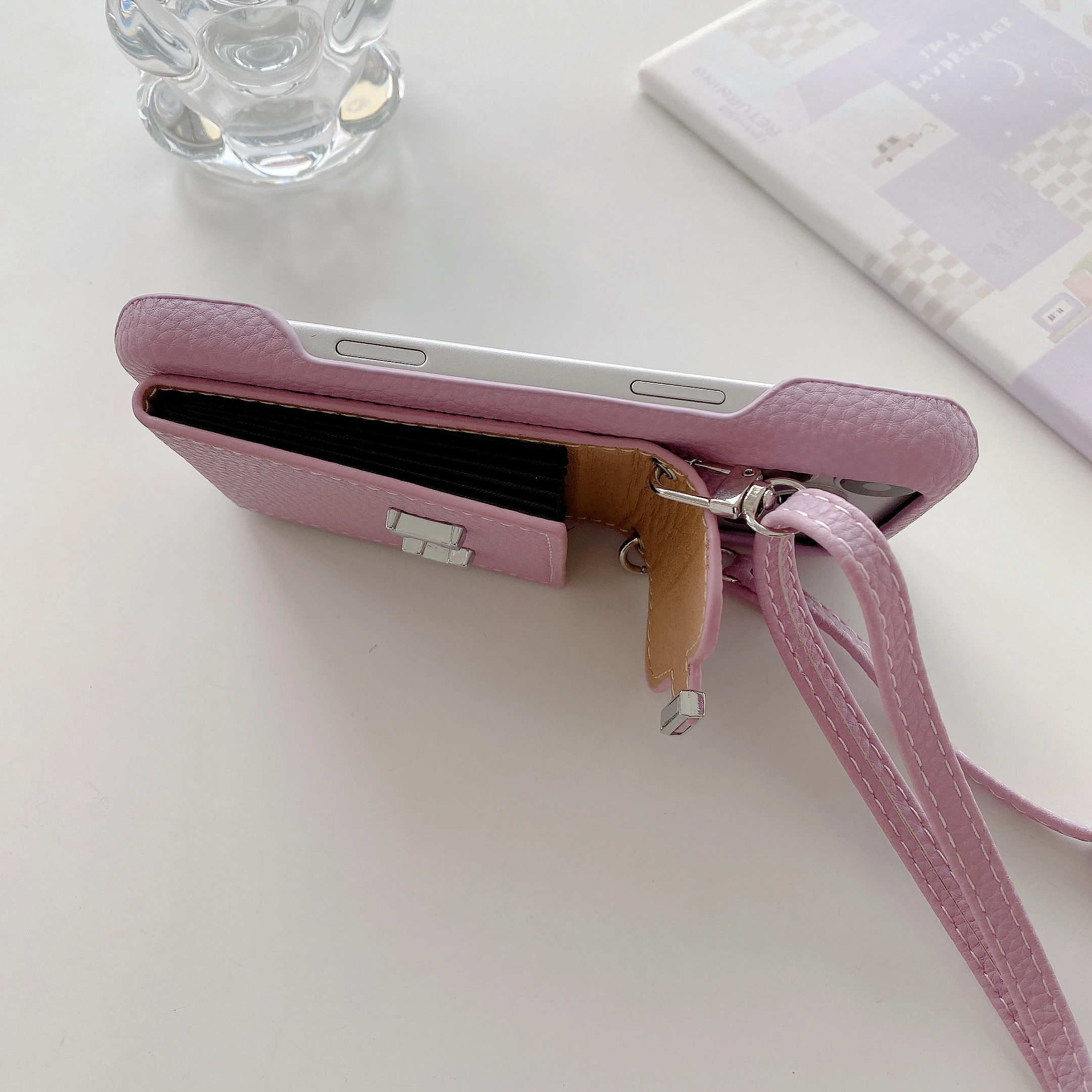 Elegant Leather Wallet Shoulder Strap Phone Case with Card Pocket and Lanyard Cover