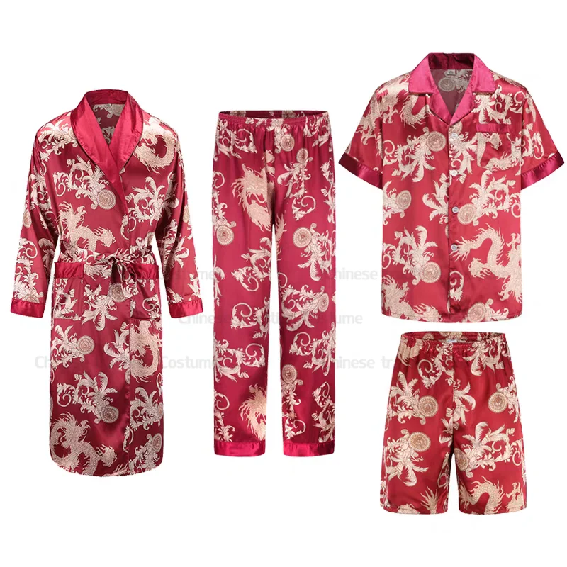 Big Size 3Xl Pajamas Set Male Loose Sleepwear Satin Top&pants Kimono Bathrobe with Pocket Spring Autumn New Outfit Nightwear