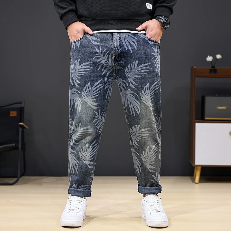 8XL oversized jeans men's fashion leaf printed trendy casual stretch denim plus sizes loose 150kg fat pants 3