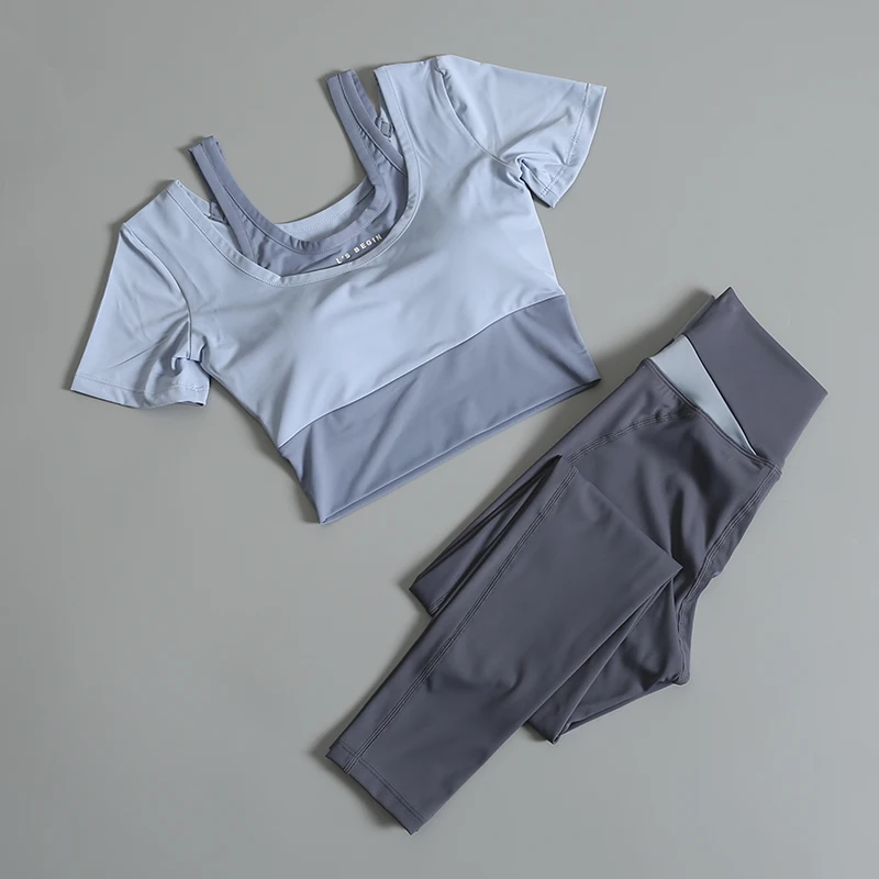 

2PCS Yoga Gym Set Women's Running Suit High Waist Leggings Sports T-shirt with Chest Pad Professional Sports Fitness Suit