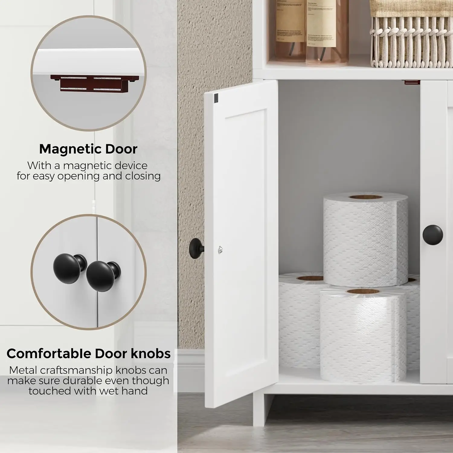 Small Bathroom Storage Cabinet, Freestanding Toilet Paper Storage with 2 Doors and Shelves, Bathroom Organizers and Storage