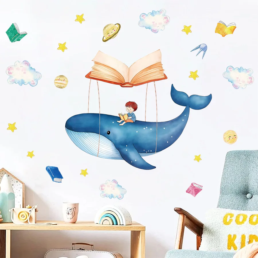 Cartoon Whale & Boy in The Ocean Wall Decal Removable Vinyl Wall Stickers for Classroom Nursery Room Decor 30x90cm