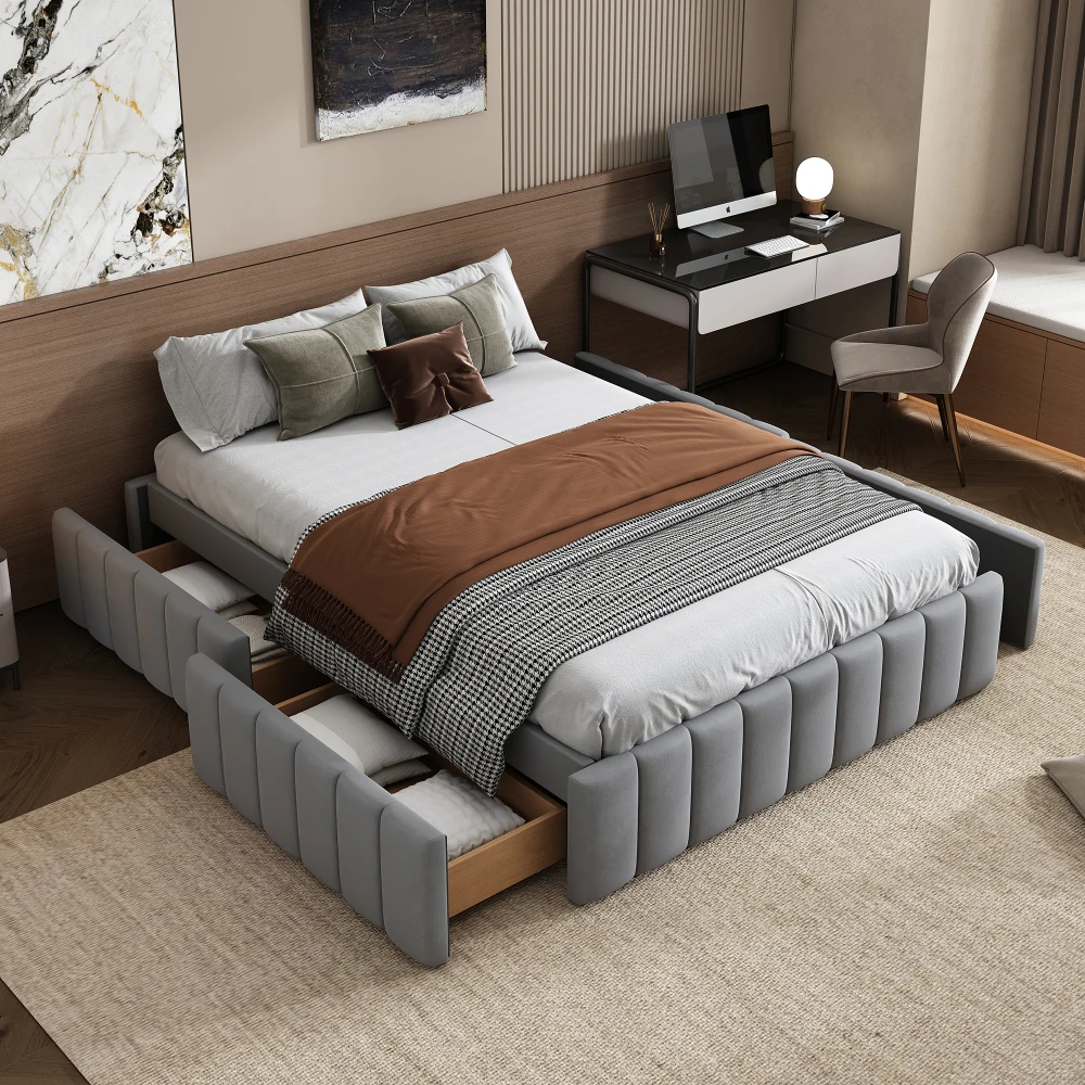 140 x 200 cm Polsterbett mit 4 Schubladen, Bettgestell, Doppelbett mit Gitter (ohne Matratze), ohne Kopfteil, minimalistisches Design – Detail 29