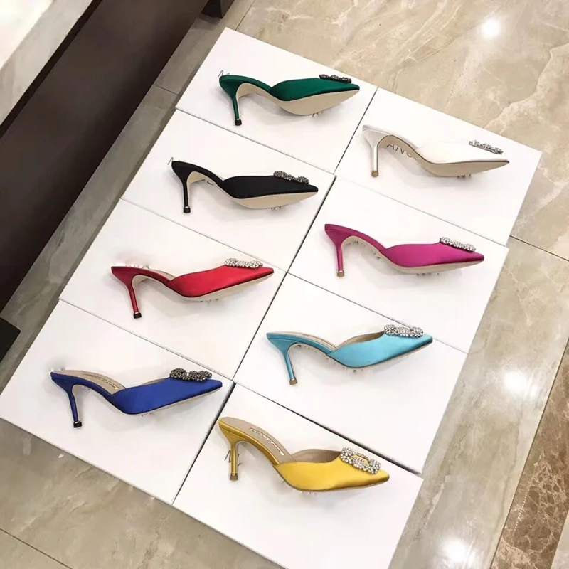 

Summer New Square Buckle Pointed Rhinestone Mid-heel Toe Slippers Small-heeled Large Size Women's Slippers