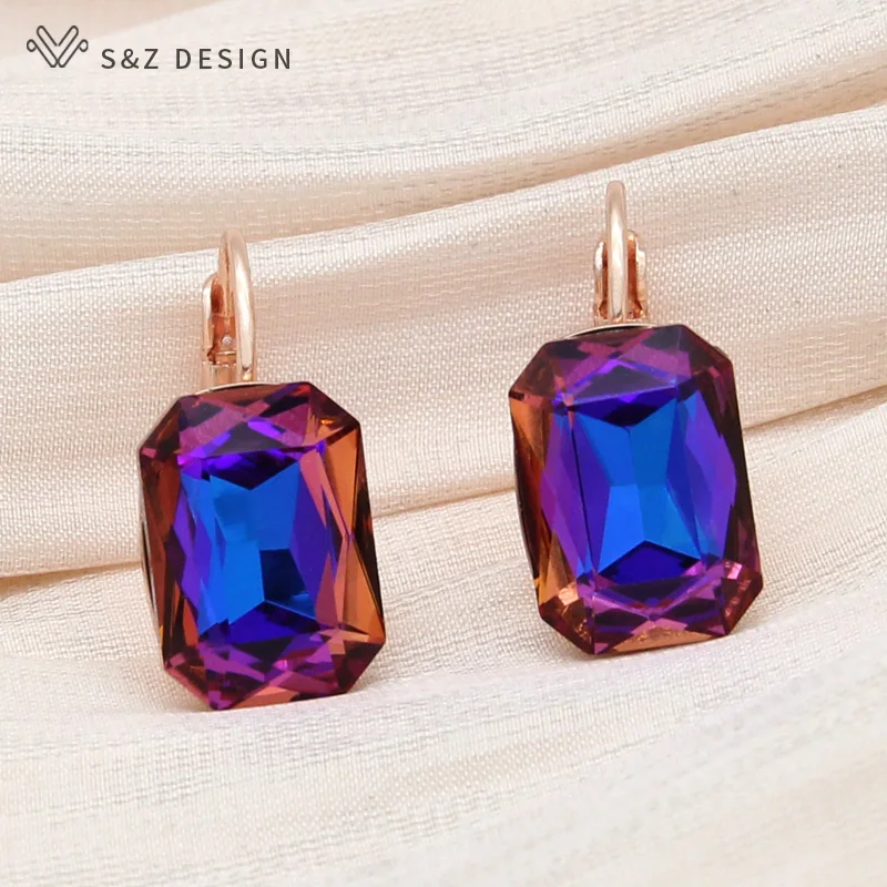 S&Z DESIGN New Arrival Popular Women Fashion Rectangle Crystal Drop Earrings 585 Rose Gold Color Eardrop Wedding Jewelry Gift