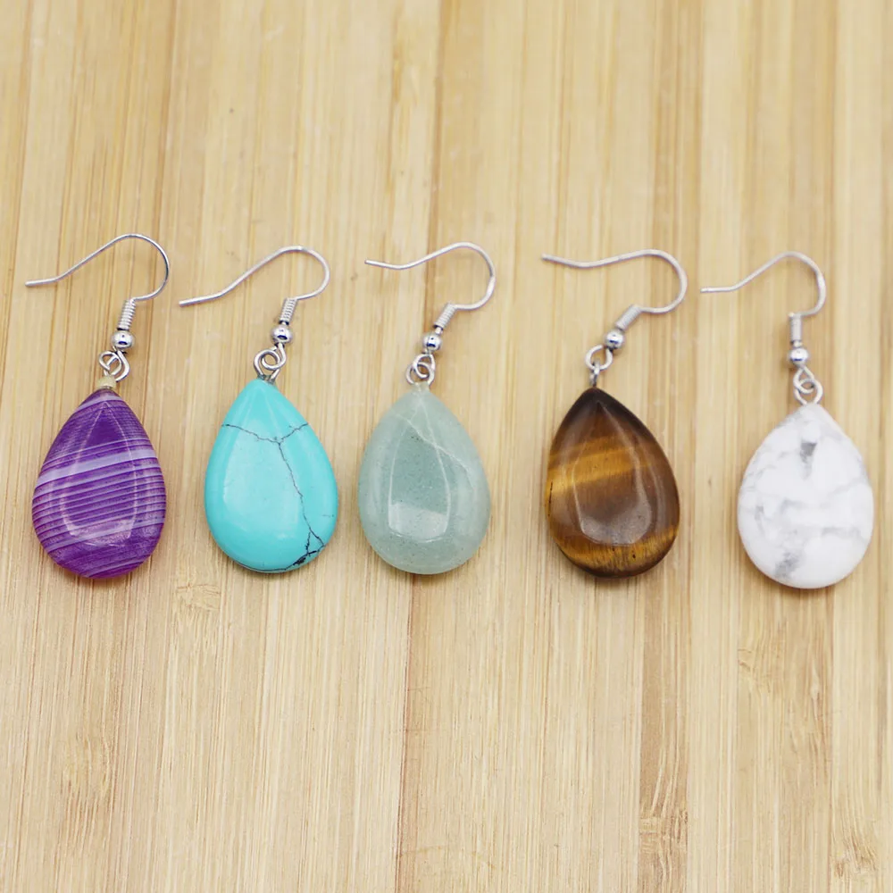 Natural Stone Flat Water Drop Earrings Pendant Rose Quartz Opal Crystal Agate Dangle Women Party Wedding Jewelry 6Pair Wholesale